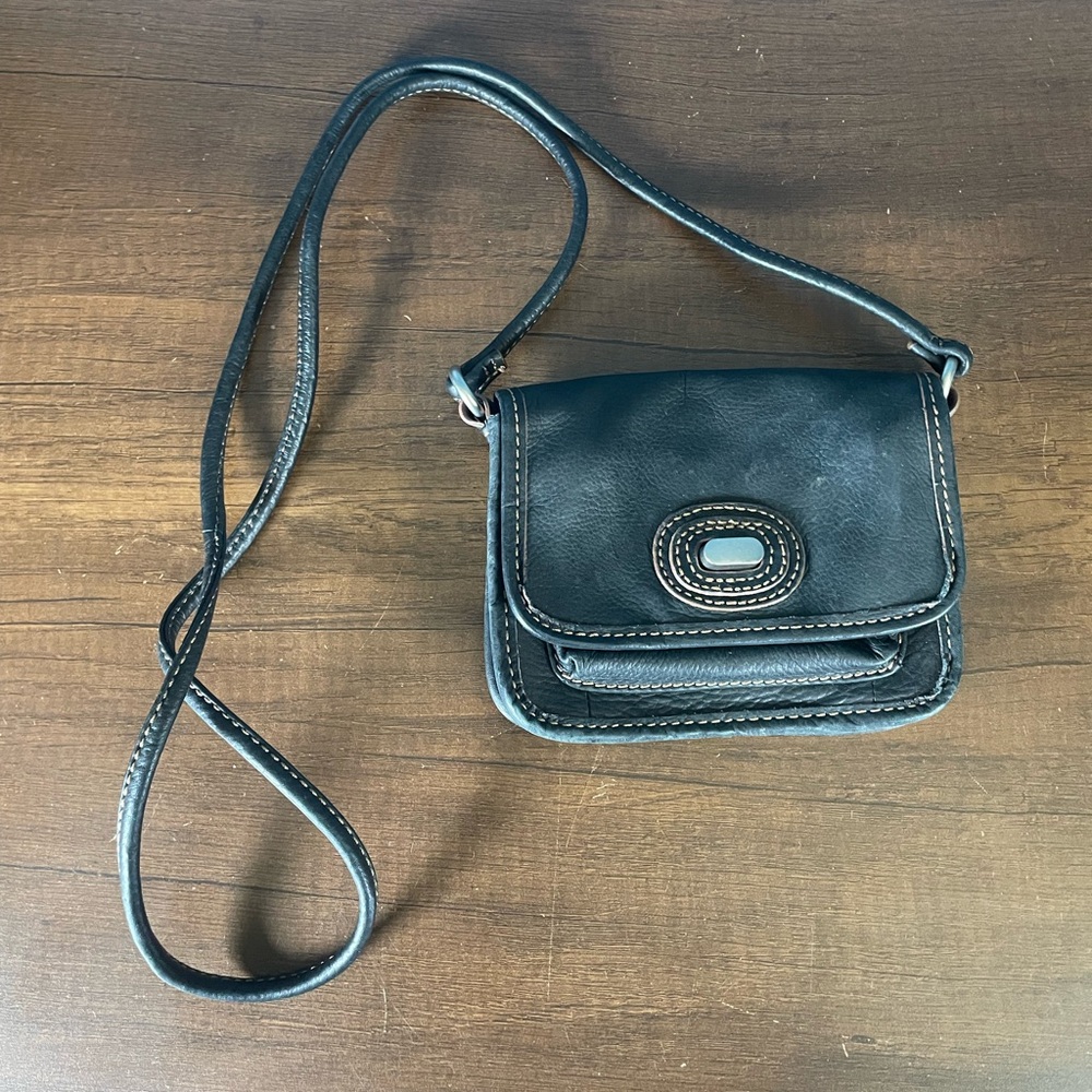 Fossil Small Mini Crossbody Purse Bag Silver Lock Black Leather